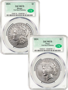 2024 Morgan and Peace Silver Dollar 2pc Set FDD CAC MS70
