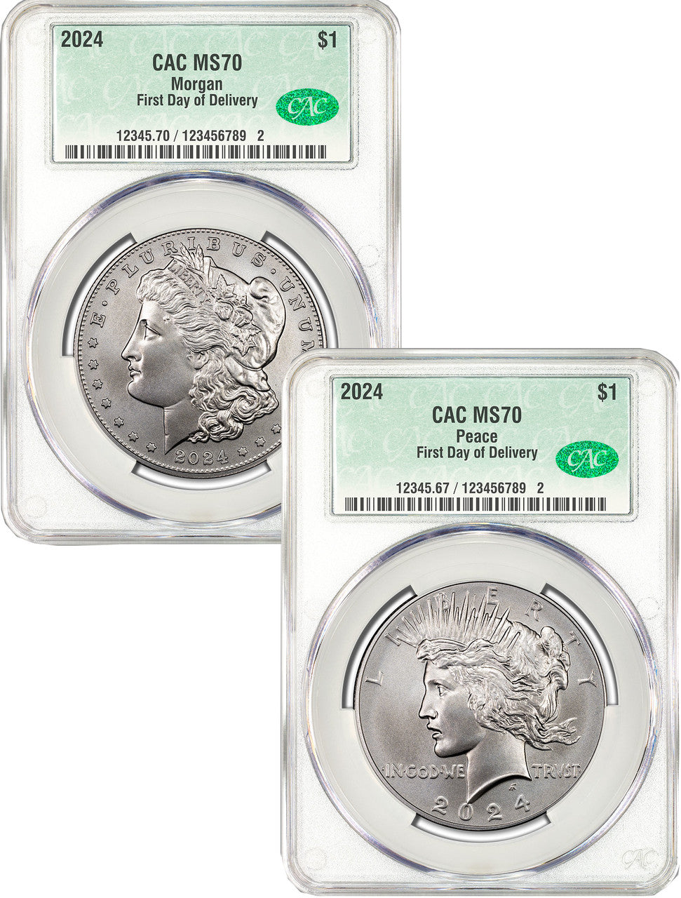 2024 Morgan and Peace Silver Dollar 2pc Set FDD CAC MS70