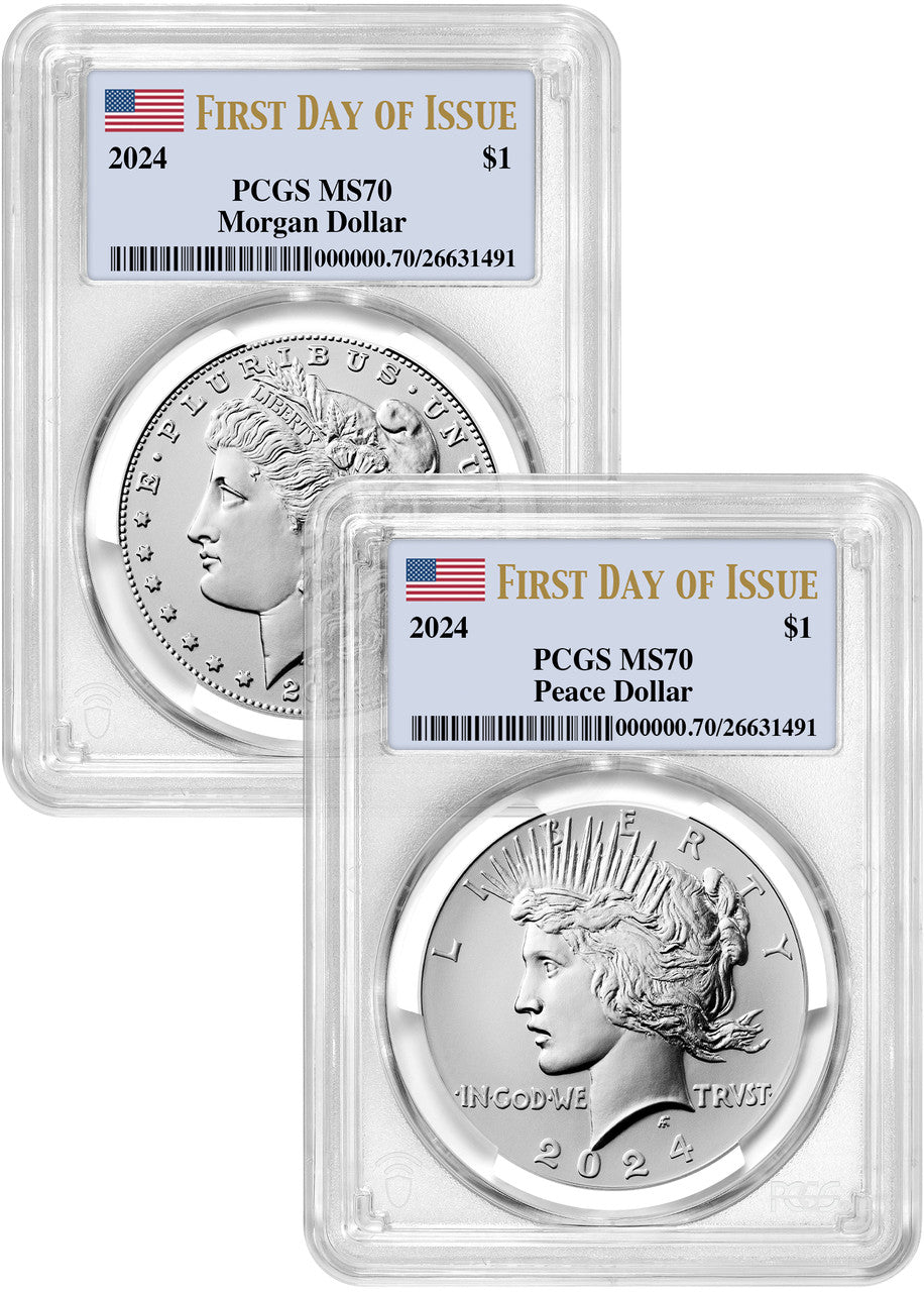 2024 Morgan and Peace Silver Dollar 2pc Set FDI Flag PCGS MS70