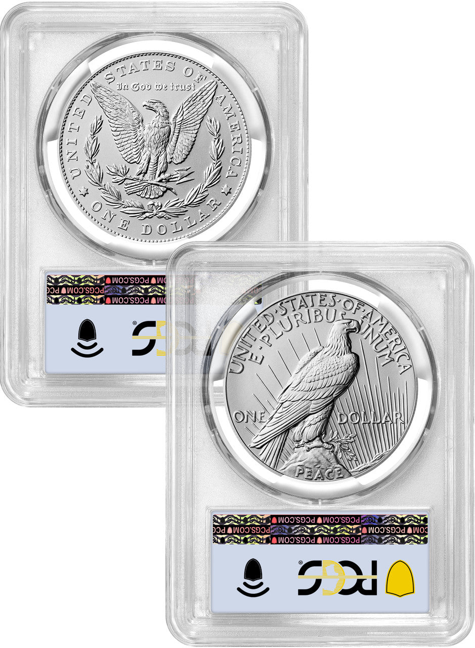2024 Morgan and Peace Silver Dollar 2pc Set FDI Flag PCGS MS70