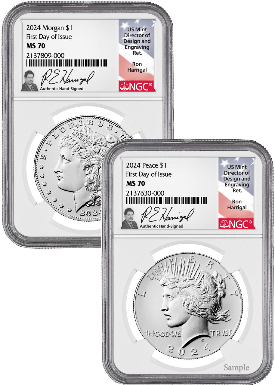 2024 Morgan and Peace Silver Dollar 2pc Set FDI NGC MS70 Harrigal