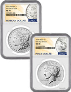 2024 Morgan and Peace Silver Dollar 2pc Set FDI NGC MS70