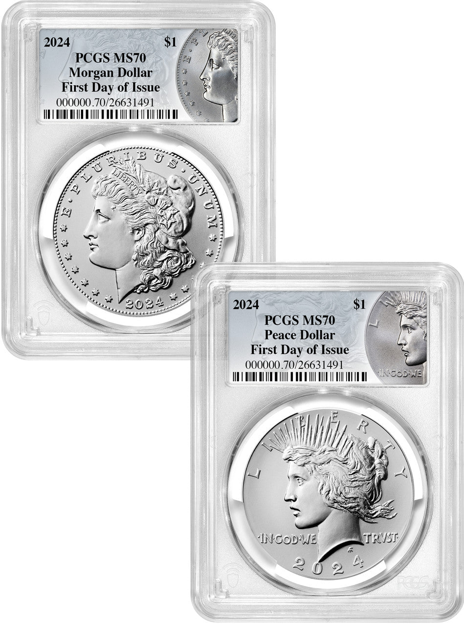 2024 Morgan and Peace Silver Dollar 2pc Set FDI PCGS MS70