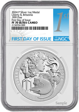 2024-P Silver 1 oz Medal Britannia & Liberty Coin FDI NGC PF70 Ultra Cameo