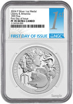 2024-P Silver 1 oz Medal Britannia & Liberty Coin FDI NGC PF70 Ultra Cameo