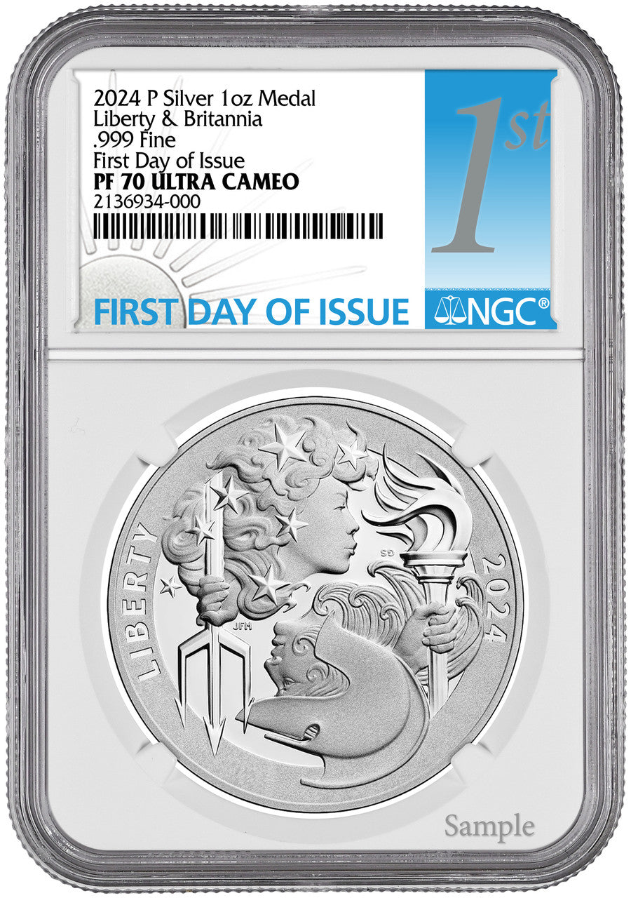 2024-P Silver 1 oz Medal Britannia & Liberty Coin FDI NGC PF70 Ultra Cameo