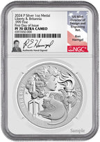 2024-P Silver 1 oz Medal Liberty & Britannia FDI NGC PF70 Ron Harrigal Signed