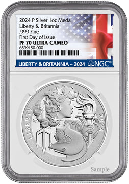 2024-P Silver 1 oz Medal Britannia & Liberty FDI Flag NGC PF70 Ultra Cameo