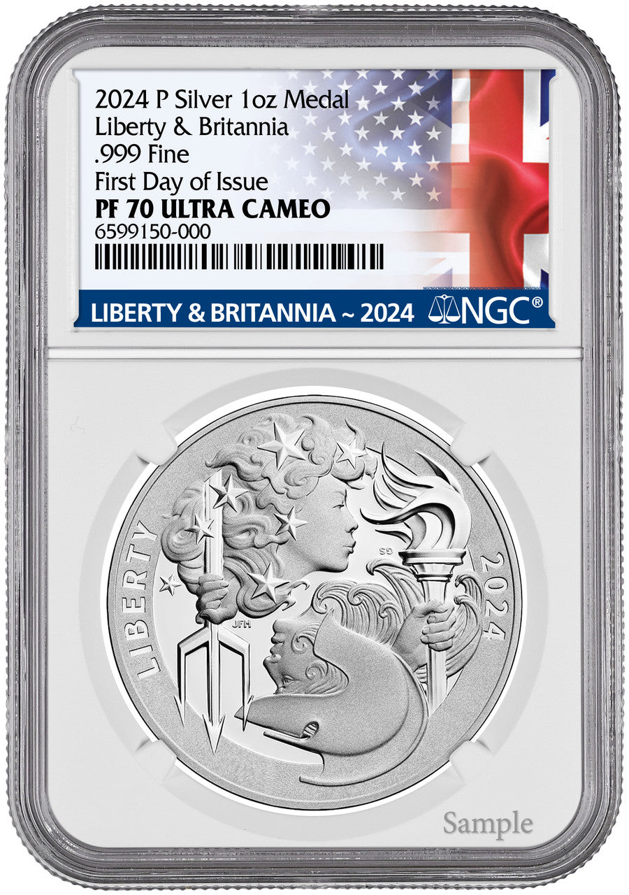 2024-P Silver 1 oz Medal Britannia & Liberty FDI Flag NGC PF70 Ultra Cameo