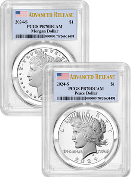 2024-S Morgan and Peace Silver Dollar 2pc Proof Set AD PCGS PR70