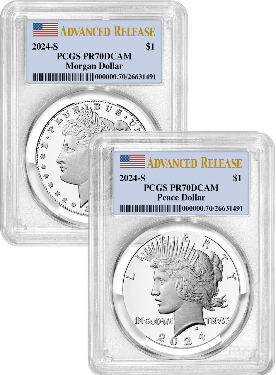 2024-S Morgan and Peace Silver Dollar 2pc Proof Set AD PCGS PR70