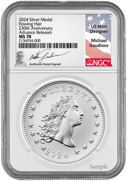 2024 Silver Medal Flowing Hair 230th Anniversary AR NGC MS70 Gaudioso