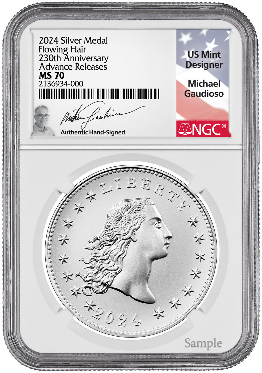 2024 Silver Medal Flowing Hair 230th Anniversary AR NGC MS70 Gaudioso