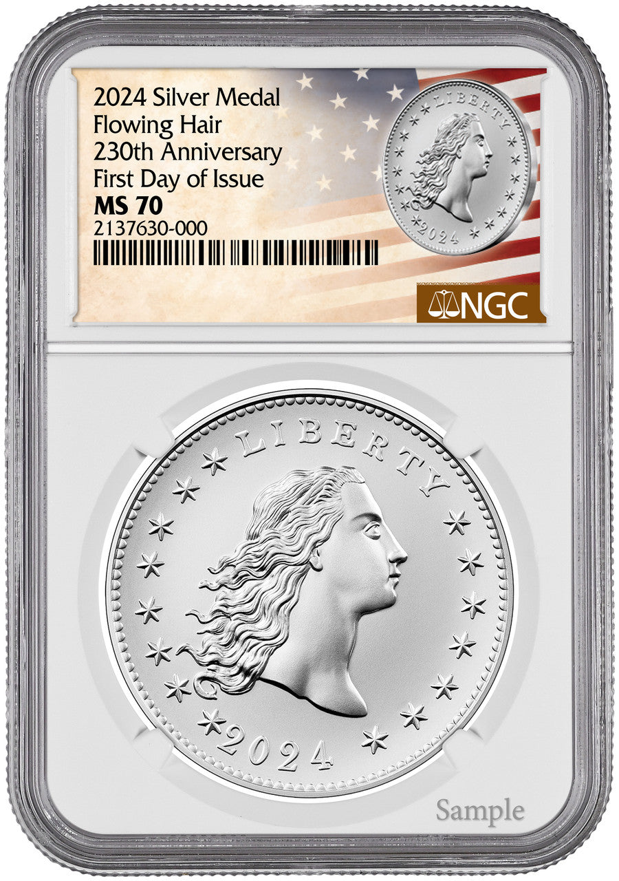 2024 Silver Medal Flowing Hair 230th Anniversary FDI NGC MS70