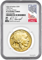 2024-W $50 One Ounce Gold Buffalo First Day of Issue NGC PF70 Harrigal Signed