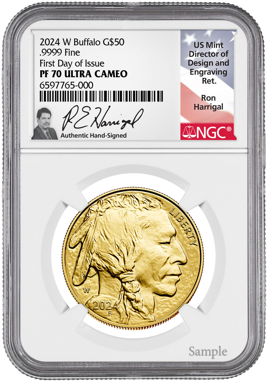2024-W $50 One Ounce Gold Buffalo First Day of Issue NGC PF70 Harrigal Signed