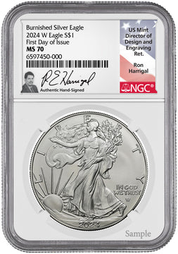 2024 W Burnished Silver Eagle FDI NGC MS70 Harrigal Signed
