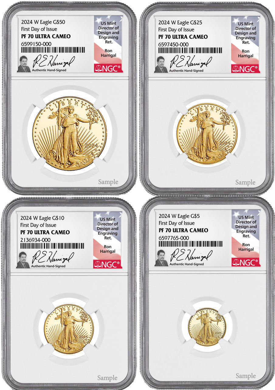 2024 W Gold Eagle 4-Coin Set FDI NGC PF70 Ultra Cameo Ron Harrigal Signed