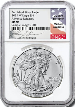 2024 W Burnished Silver Eagle Advanced Releases NGC MS70 Gaudioso Signed