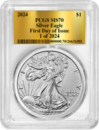 2024 American Silver Eagle FDI Gold Label 1 of 2024 PCGS MS70