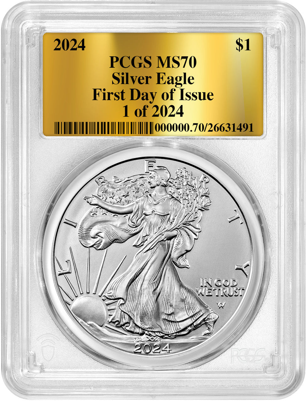2024 American Silver Eagle FDI Gold Label 1 of 2024 PCGS MS70