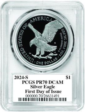 2024-S American Silver Eagle First Day of Issue PR70 PCGS Damstra