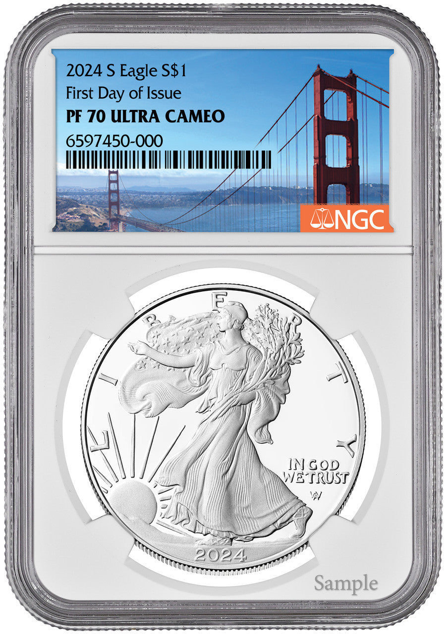 2024-S Proof Silver Eagle First Day of Issue Bridge Label NGC PF70