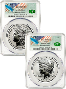 2024-S Morgan Peace Silver Dollar 2pc Reverse PR70 Set AD CAC Founders