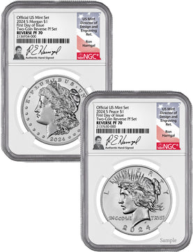 2024-S Morgan Peace Silver Dollar 2pc Reverse Proof Set FDI NGC PF70 Harrigal
