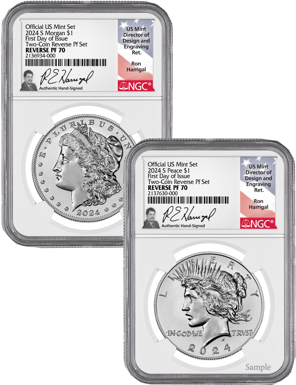 2024-S Morgan Peace Silver Dollar 2pc Reverse Proof Set FDI NGC PF70 Harrigal