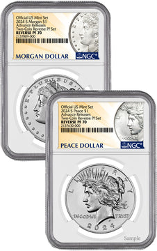 2024-S Morgan Peace Dollar 2-Coin Reverse Proof Set AR NGC PF70
