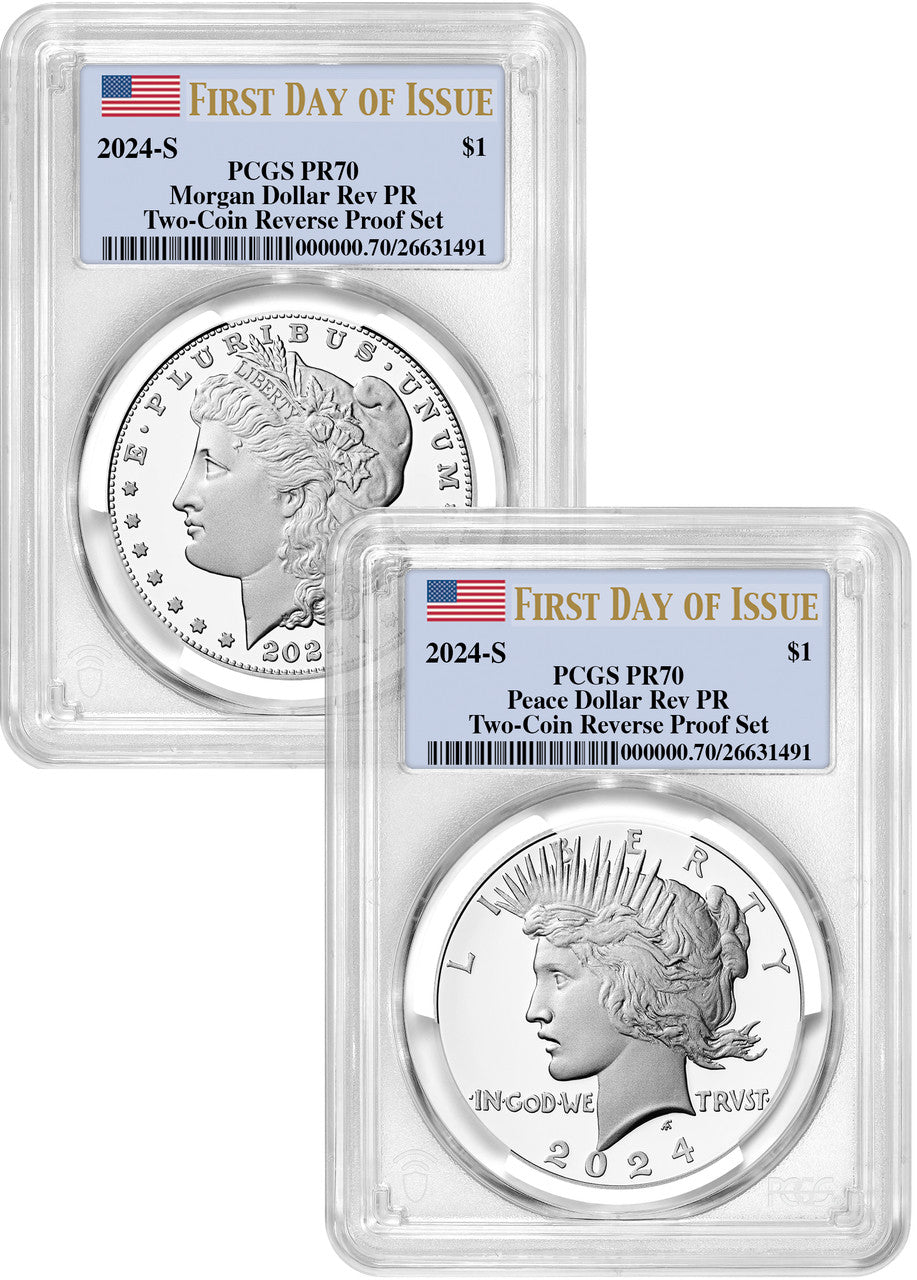 2024-S Morgan and Peace Silver Dollar 2pc Reverse Proof Set FDI Flag PCGS PR70