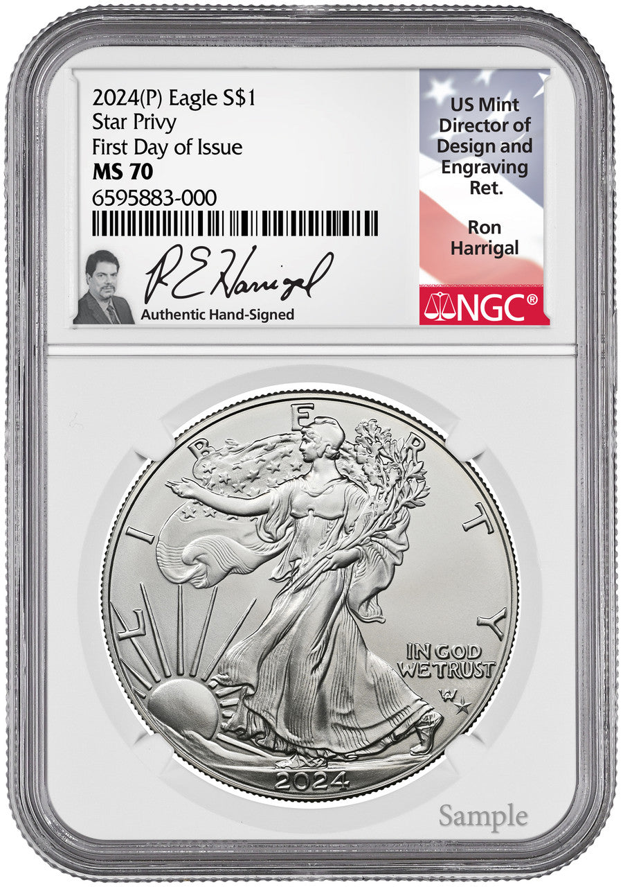 2024(P) Silver Eagle Star Privy FDI NGC MS70 Ron Harrigal Signed