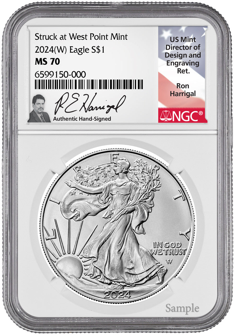 2024(W) American Silver Eagle First Day of Issue NGC MS70 Ron Harrigal Signed