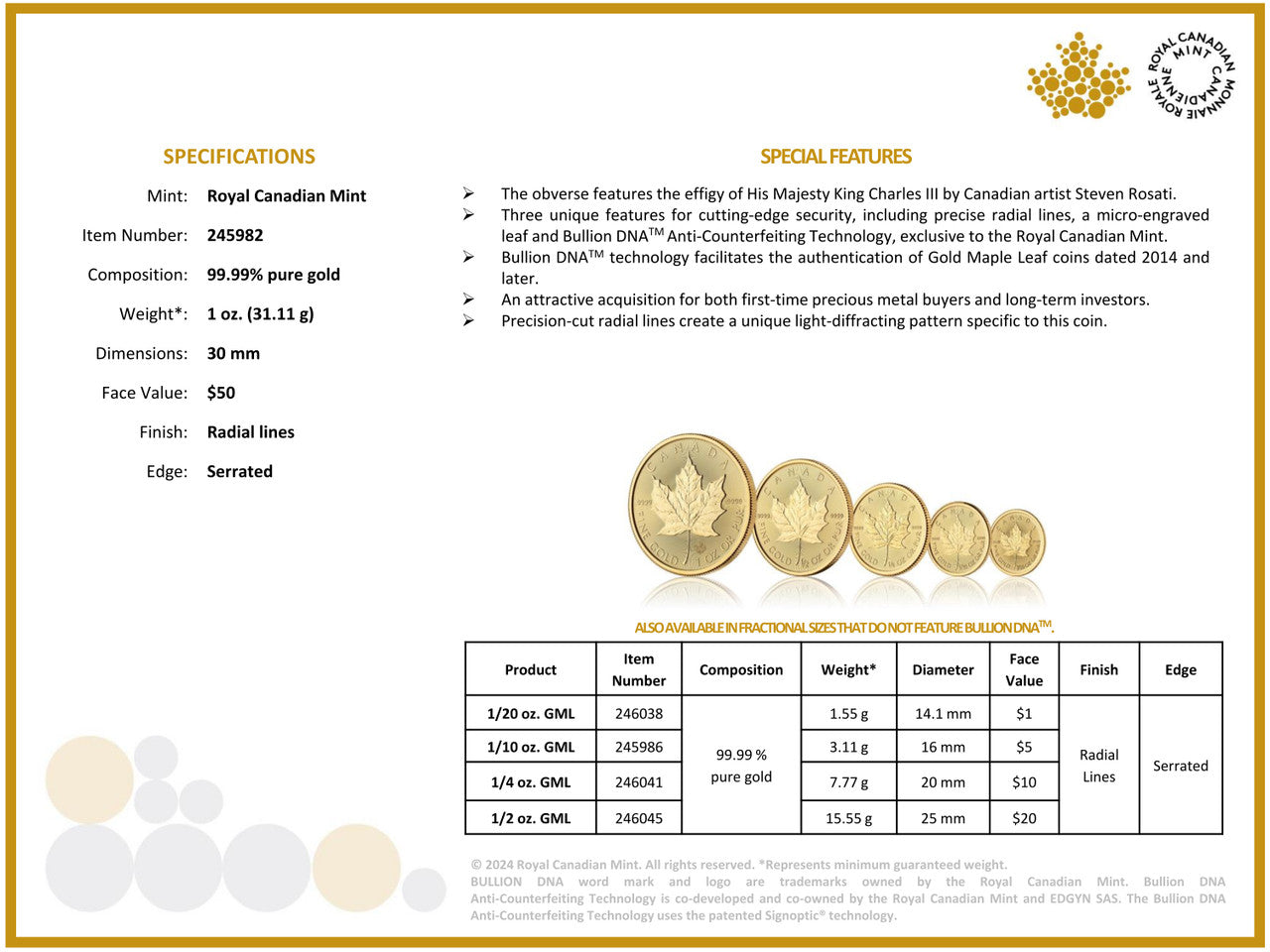 2024 1 oz Canadian Gold Maple Leaf King Charles III BU