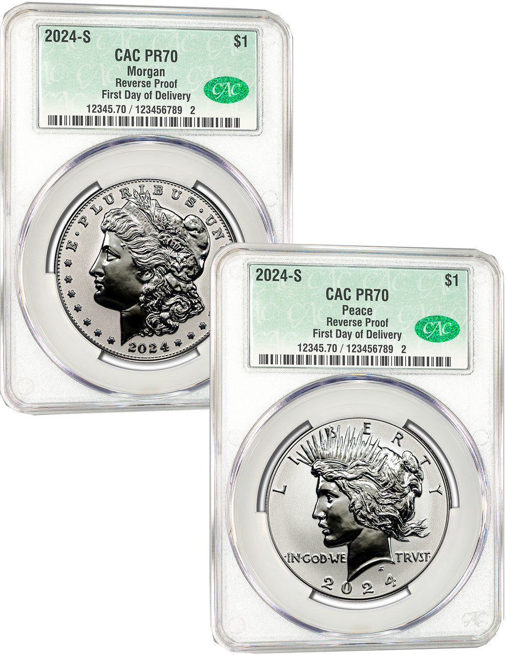 2024-S Morgan Peace Dollar 2-Coin Reverse Proof Set FDD CAC PR70