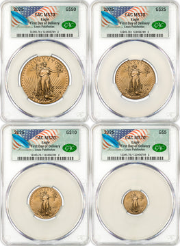 2025 Gold Eagle 4-Coin Set First Day of Delivery CAC MS70 Founders Label