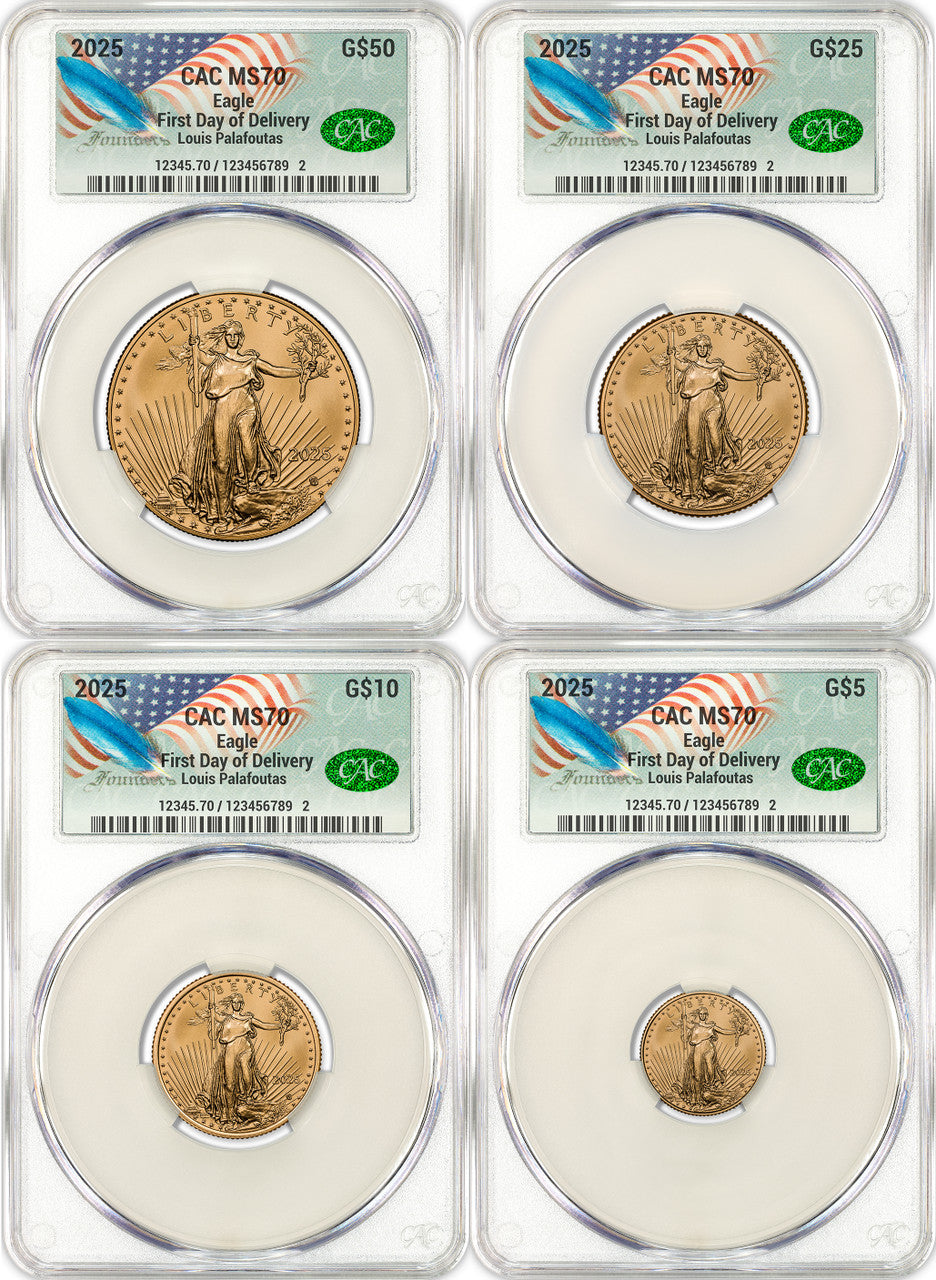 2025 Gold Eagle 4-Coin Set First Day of Delivery CAC MS70 Founders Label