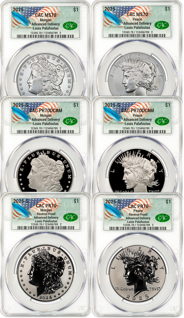 2025 Morgan Peace Silver Dollar 6-Coin Set Founders AD CAC MS70/PF70/RP70