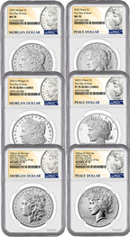 2025 Morgan and Peace Silver Dollar 6-Coin Set FDI NGC MS70/PF70/RP70