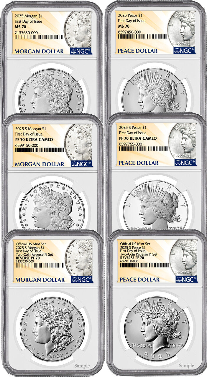 2025 Morgan and Peace Silver Dollar 6-Coin Set FDI NGC MS70/PF70/RP70