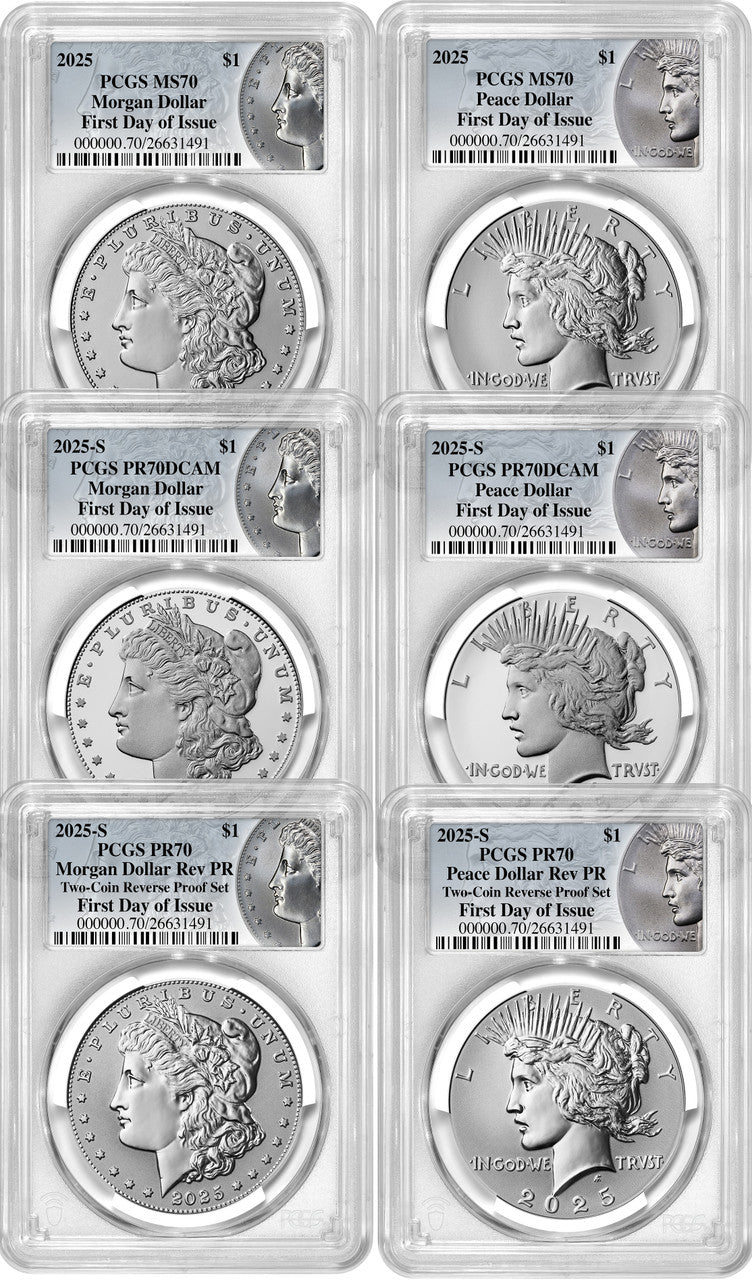 2025 Morgan and Peace Silver Dollar 6-Coin Set FDI PCGS MS70/PF70/RP70