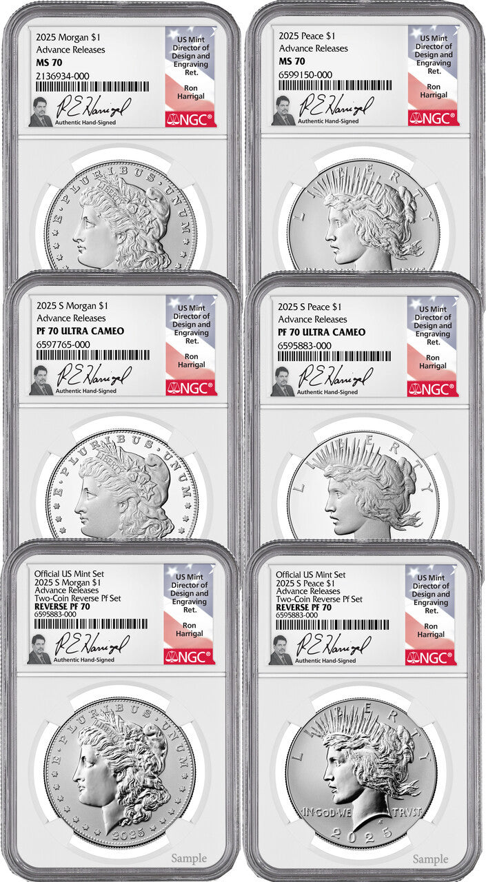 2025 Morgan and Peace Silver Dollar 6-Coin Set AR NGC MS70/PF70/RP70 Harrigal