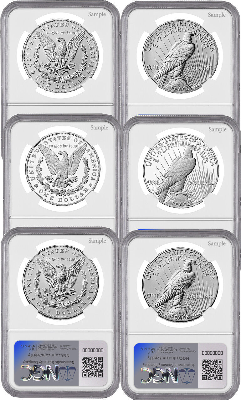 2025 Morgan and Peace Silver Dollar 6-Coin Set FDI NGC MS70/PF70/RP70