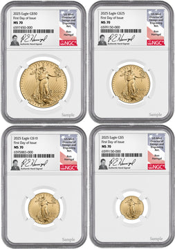 2025 Gold Eagle 4-Coin Set First Day of Issue NGC MS70 Ron Harrigal Signed