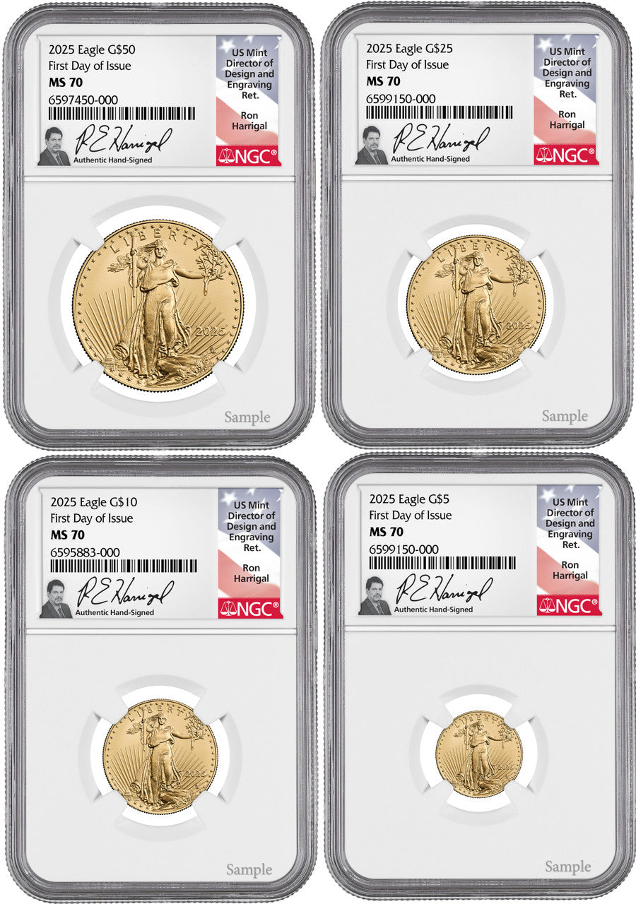 2025 Gold Eagle 4-Coin Set First Day of Issue NGC MS70 Ron Harrigal Signed