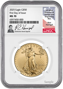 2025 1 oz American Gold Eagle First Day of Issue NGC MS70 Harrigal