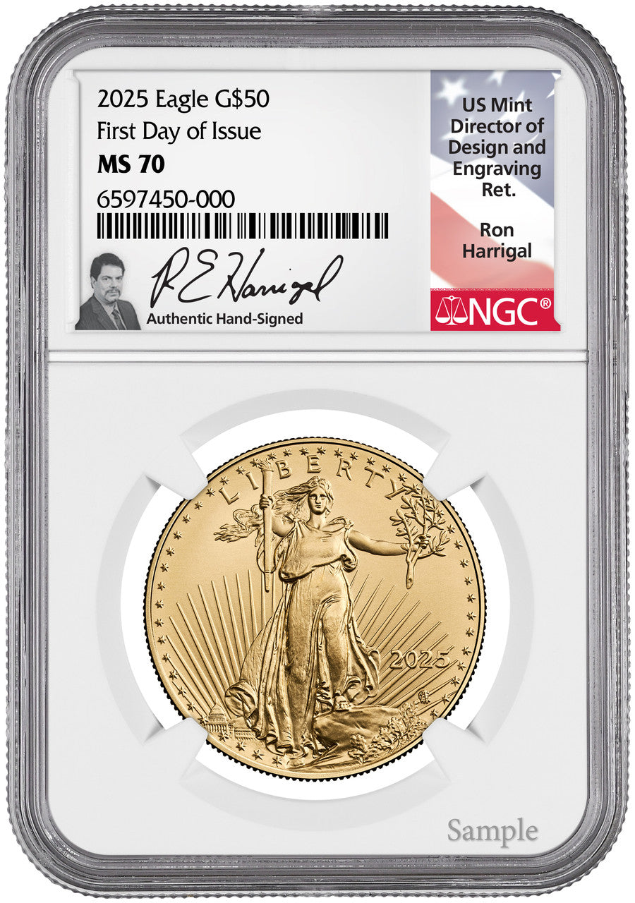 2025 1 oz American Gold Eagle First Day of Issue NGC MS70 Harrigal