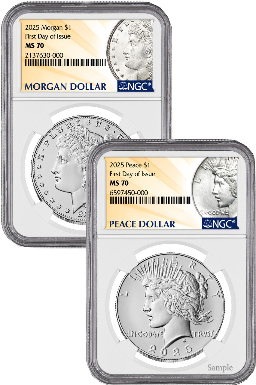 2025 Morgan and Peace Silver Dollar 2pc Set FDI NGC MS70