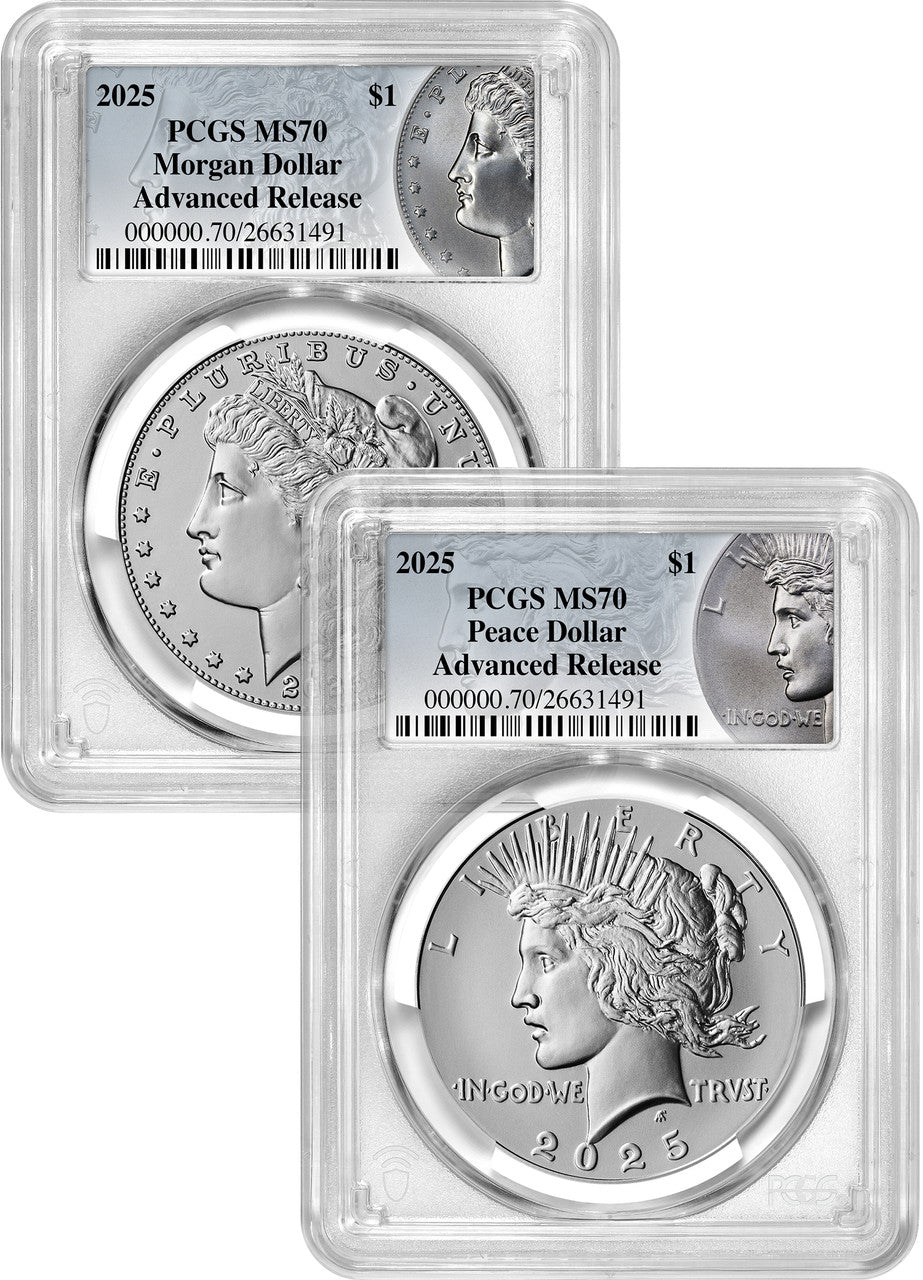 2025 Morgan and Peace Silver Dollar 2pc Set AR PCGS MS70 Coin Label